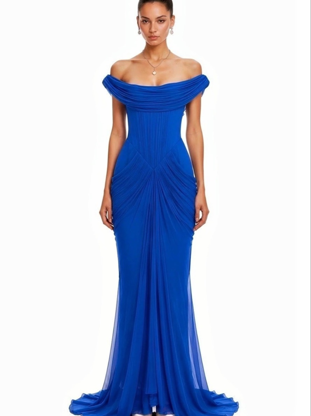 Miss Rosier Isadora Blue Off Shoulder Ruched Draped Maxi Dress Blue Off Shoulder